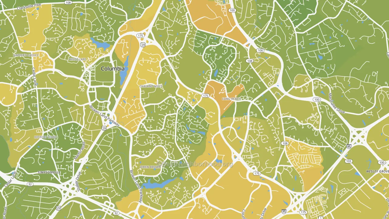 Map of the best neighborhoods in the 21045 area, with better matches in green and worse matches in red