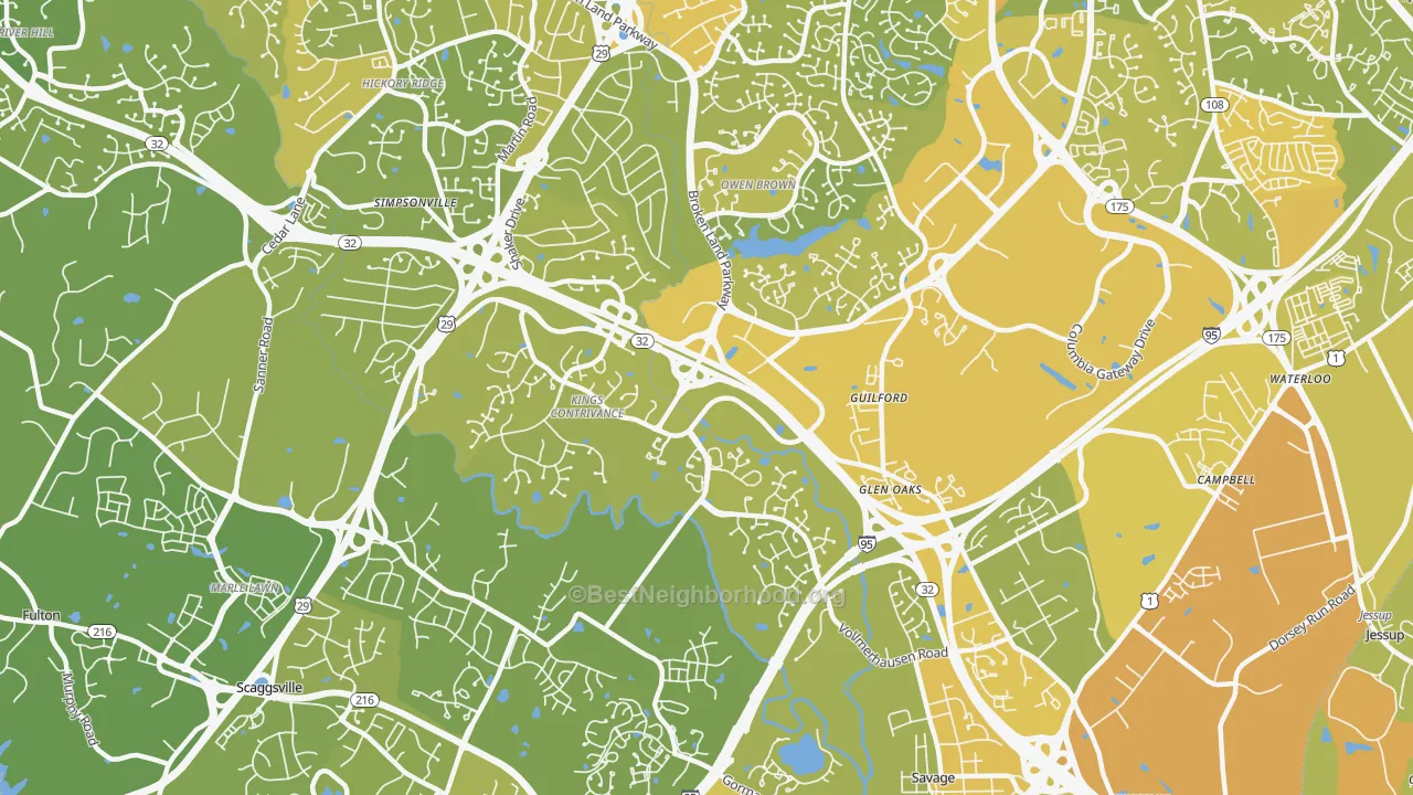 Map of the best neighborhoods in the 21046 area, with better matches in green and worse matches in red