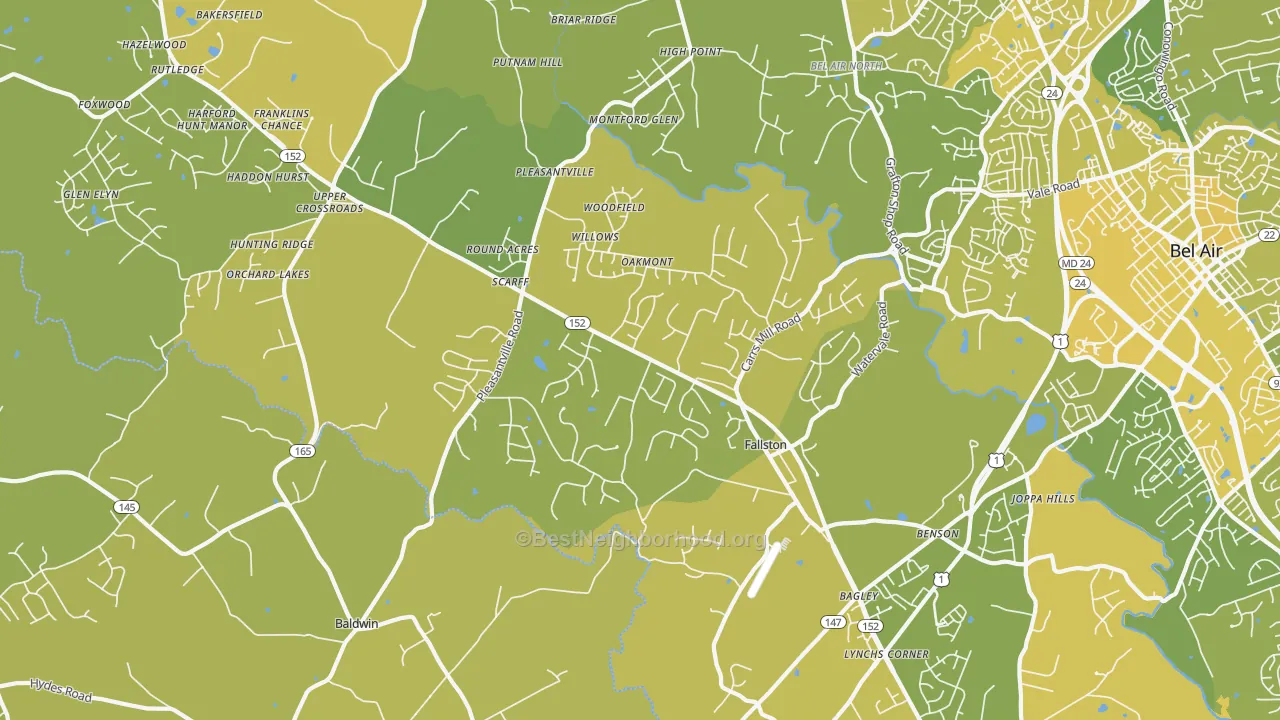 Map of the best neighborhoods in the 21047 area, with better matches in green and worse matches in red