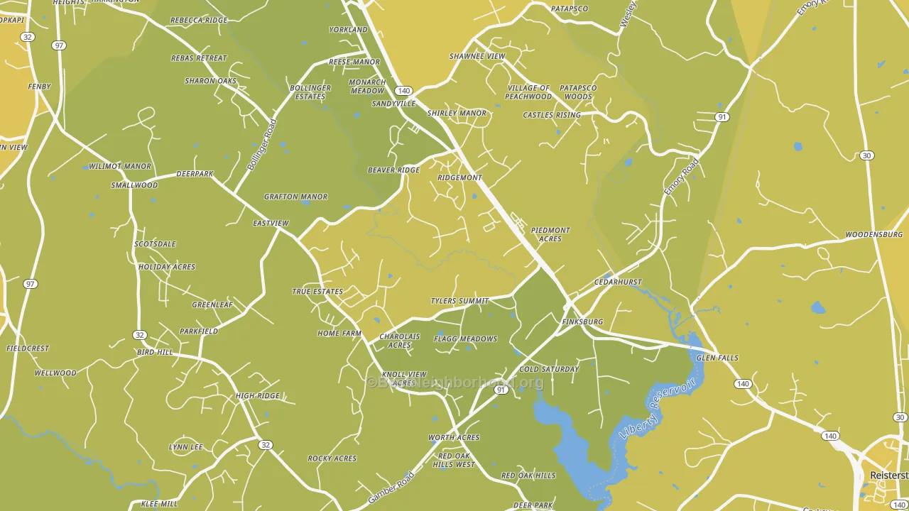 Map of the best neighborhoods in the 21048 area, with better matches in green and worse matches in red