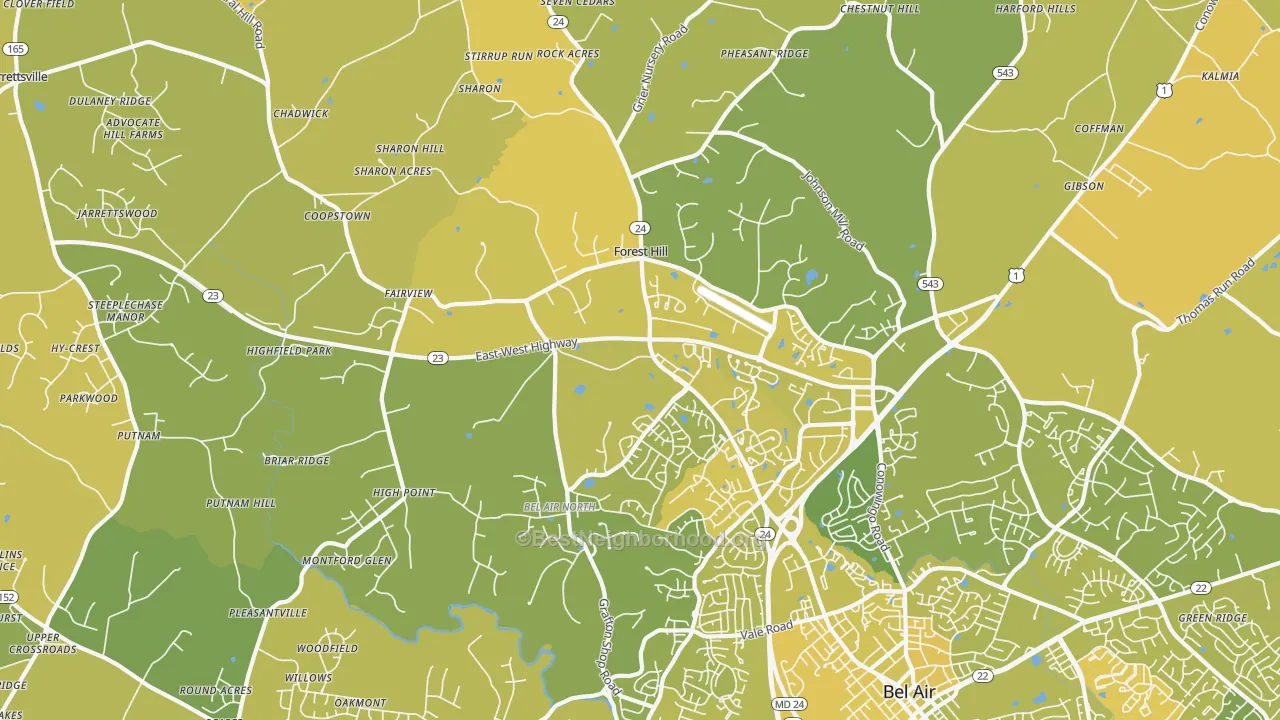 Map of the best neighborhoods in the 21050 area, with better matches in green and worse matches in red