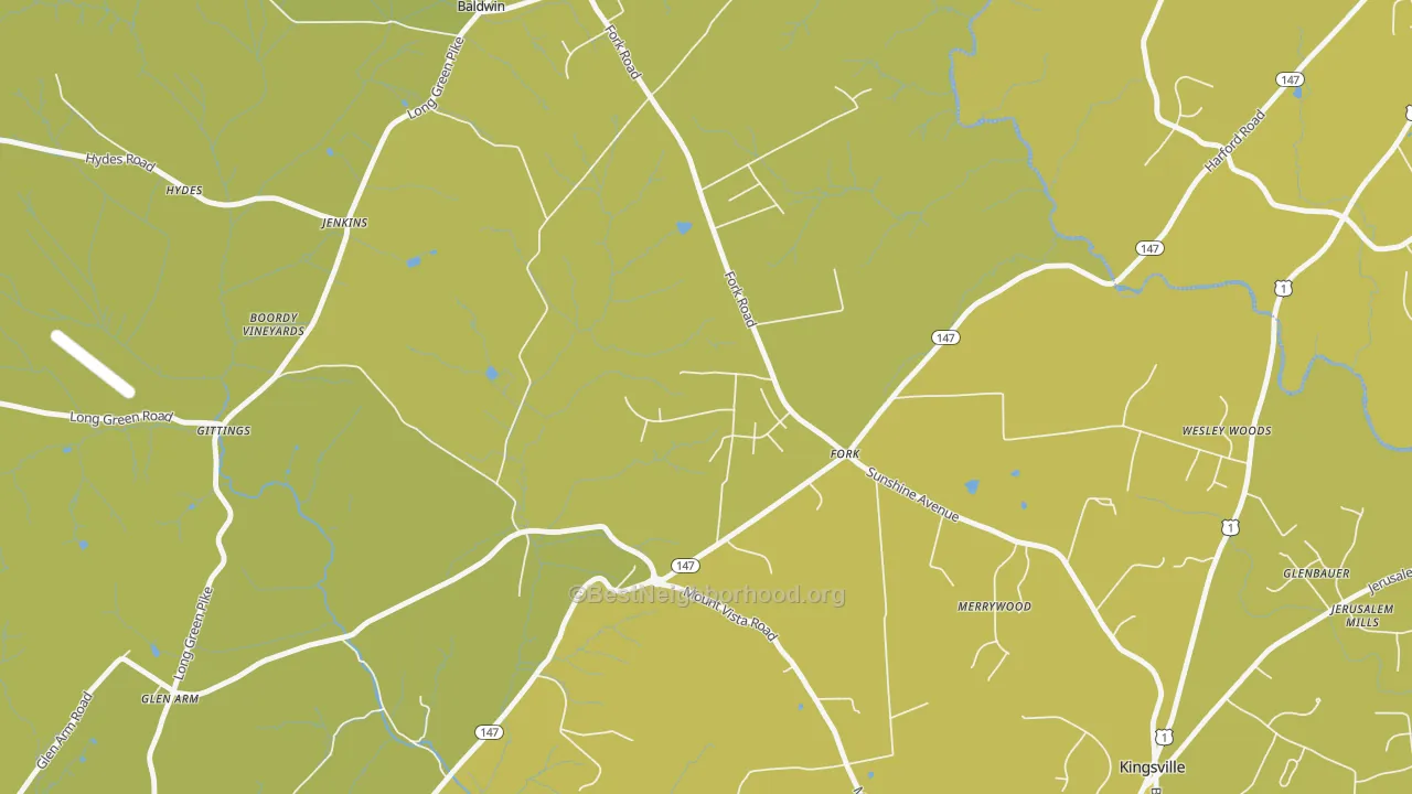 Map of the best neighborhoods in the 21051 area, with better matches in green and worse matches in red