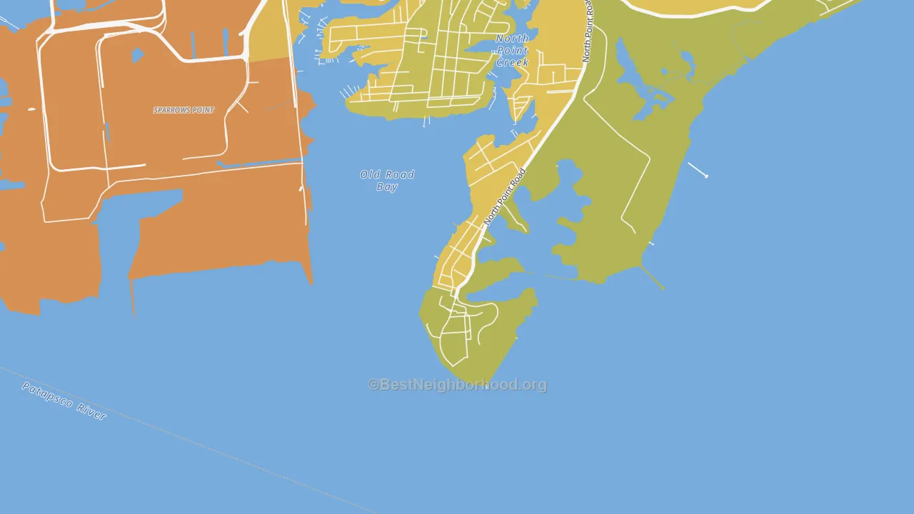 Map of the best neighborhoods in the 21052 area, with better matches in green and worse matches in red