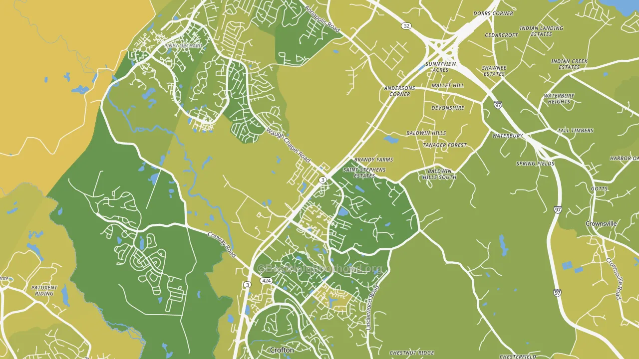 Map of the best neighborhoods in the 21054 area, with better matches in green and worse matches in red