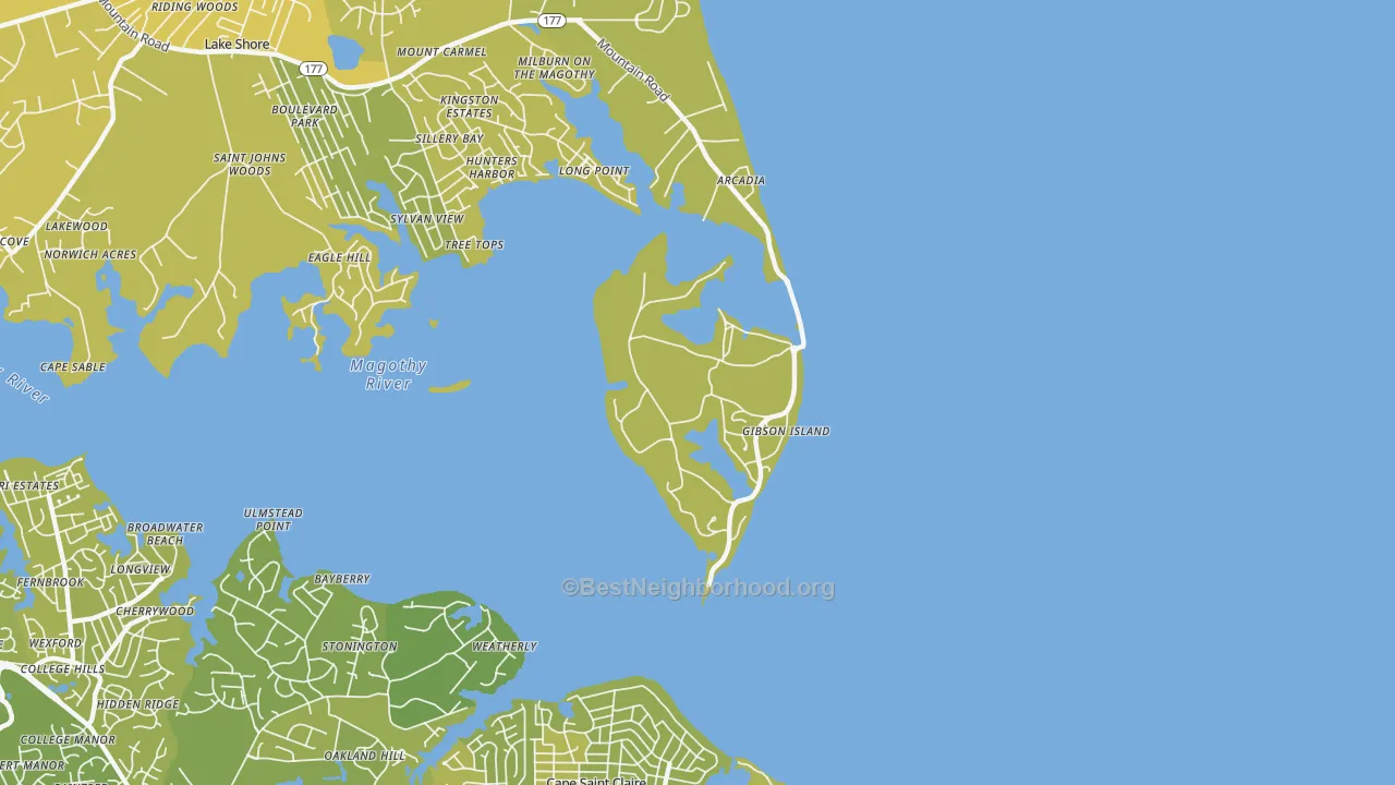 Map of the best neighborhoods in the 21056 area, with better matches in green and worse matches in red