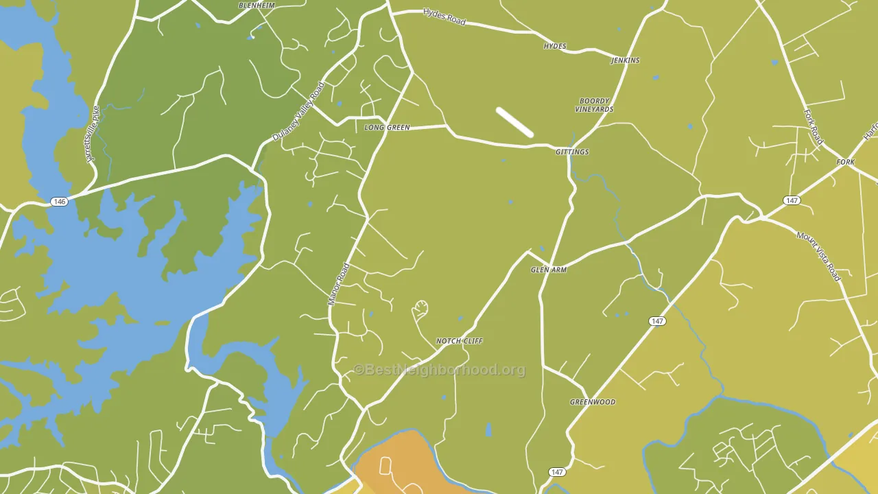 Map of the best neighborhoods in the 21057 area, with better matches in green and worse matches in red
