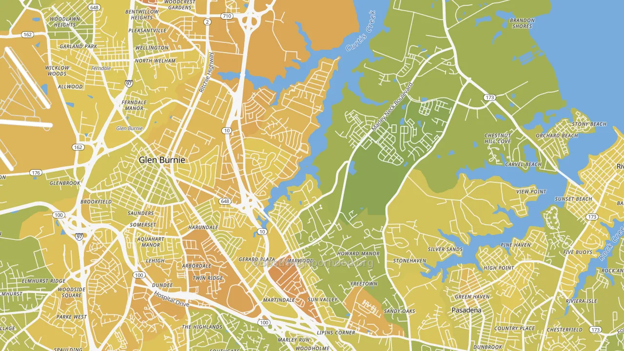 Map of the best neighborhoods in the 21060 area, with better matches in green and worse matches in red