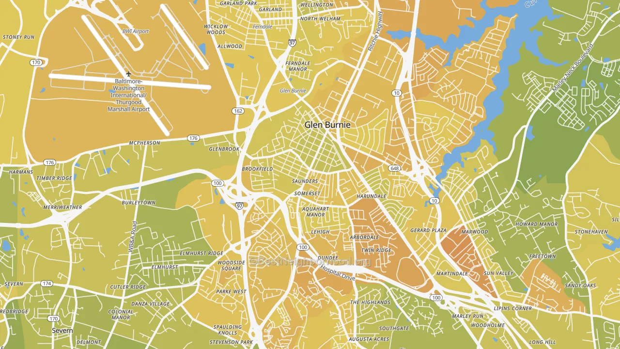 Map of the best neighborhoods in the 21061 area, with better matches in green and worse matches in red