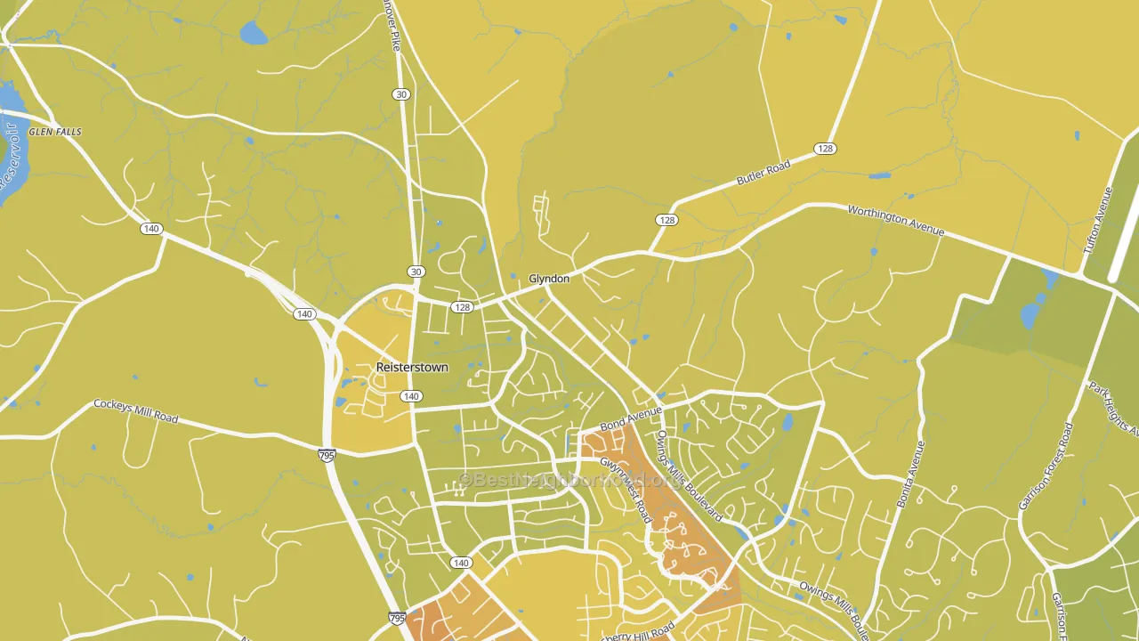 Map of the best neighborhoods in the 21071 area, with better matches in green and worse matches in red