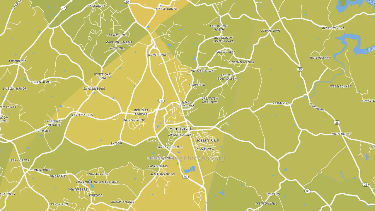 Map of the best neighborhoods in the 21074 area, with better matches in green and worse matches in red