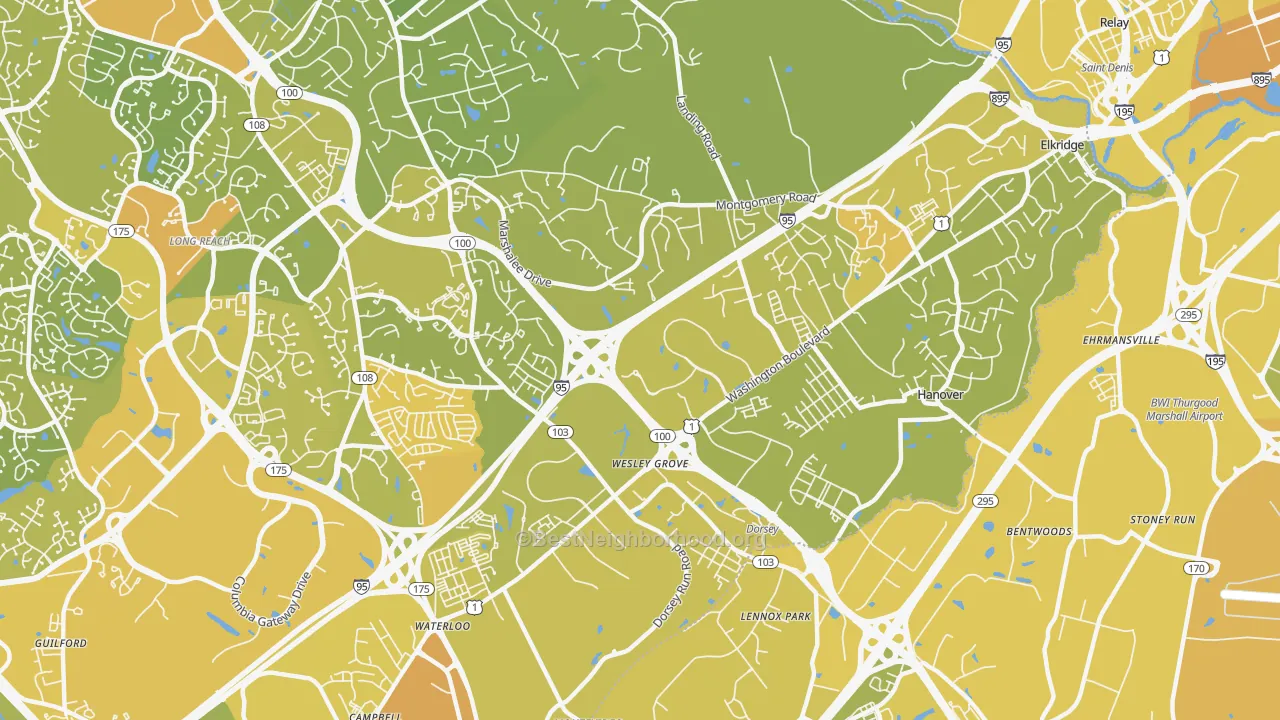Map of the best neighborhoods in the 21075 area, with better matches in green and worse matches in red