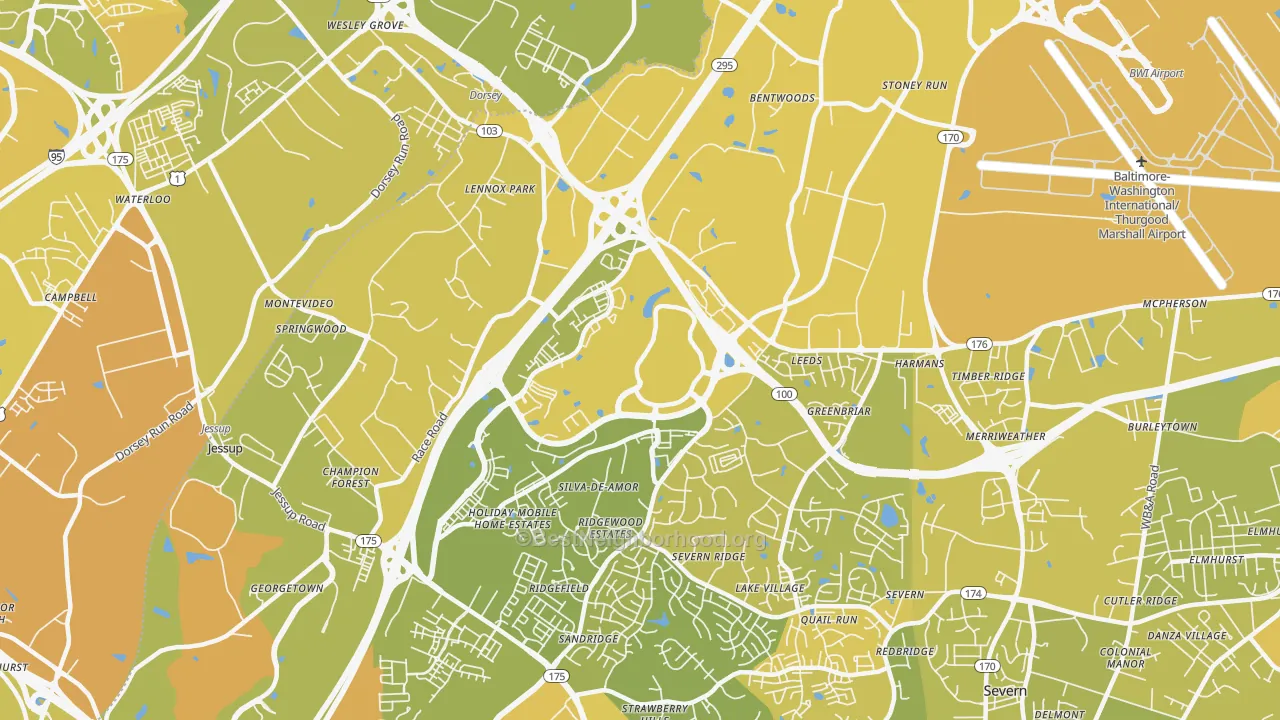 Map of the best neighborhoods in the 21076 area, with better matches in green and worse matches in red
