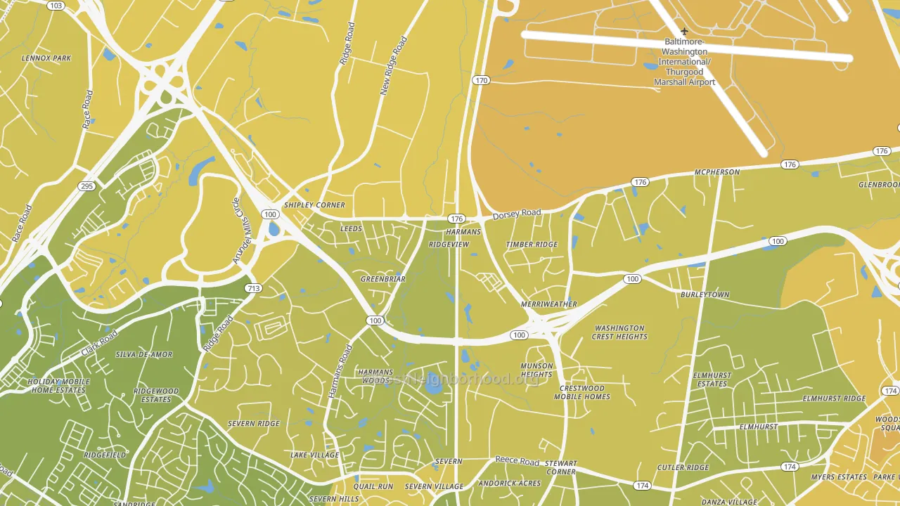 Map of the best neighborhoods in the 21077 area, with better matches in green and worse matches in red