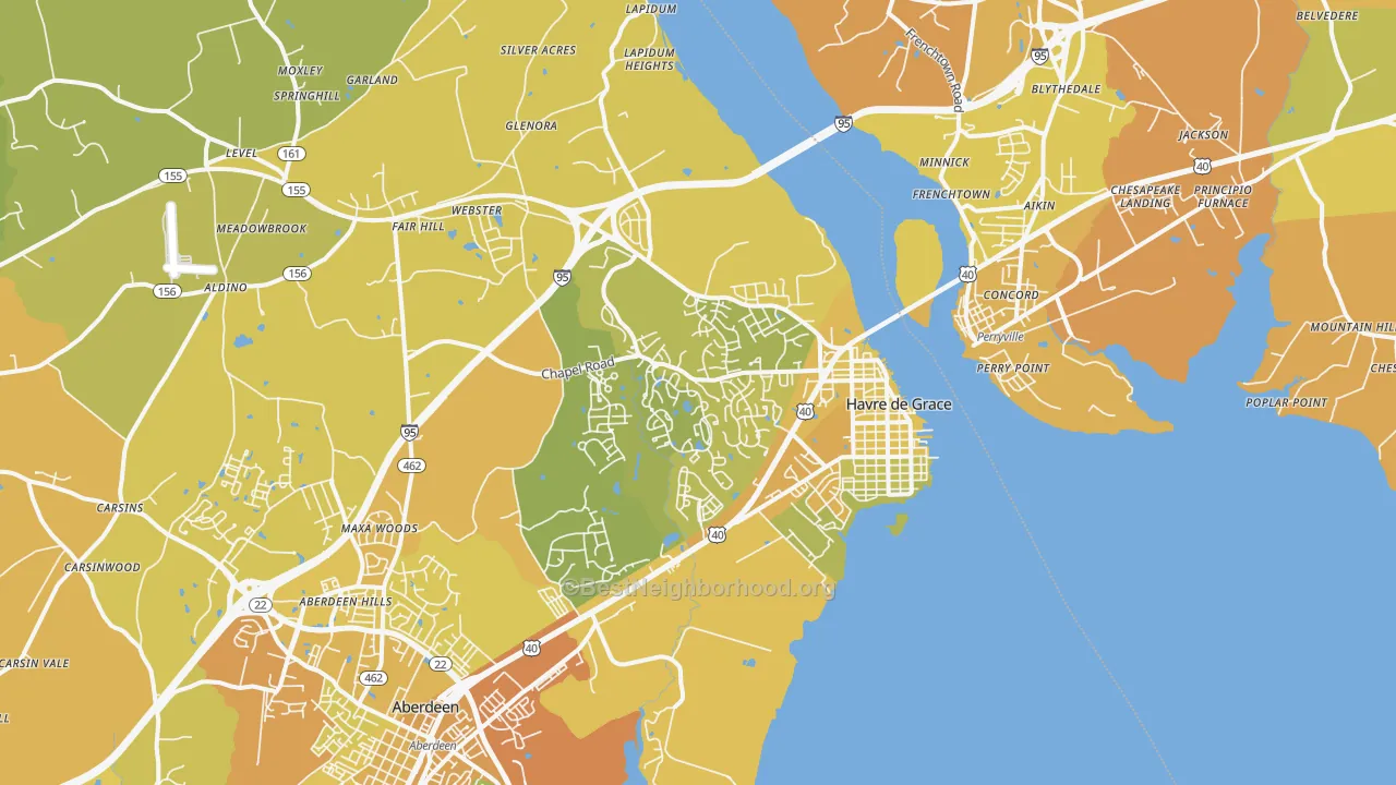Map of the best neighborhoods in the 21078 area, with better matches in green and worse matches in red