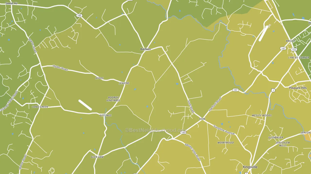 Map of the best neighborhoods in the 21082 area, with better matches in green and worse matches in red