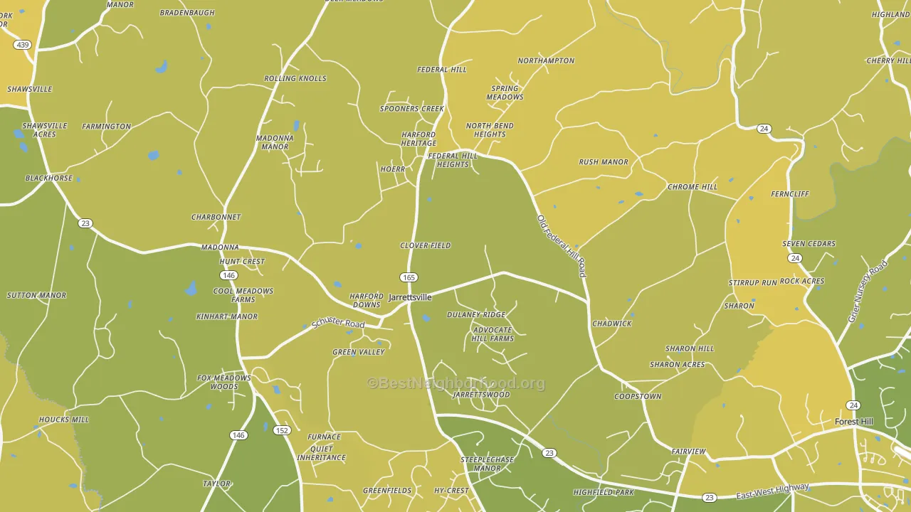 Map of the best neighborhoods in the 21084 area, with better matches in green and worse matches in red