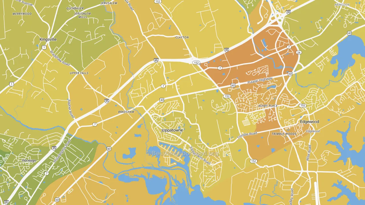 Map of the best neighborhoods in the 21085 area, with better matches in green and worse matches in red