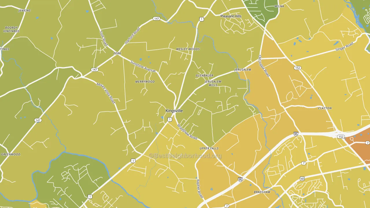 Map of the best neighborhoods in the 21087 area, with better matches in green and worse matches in red
