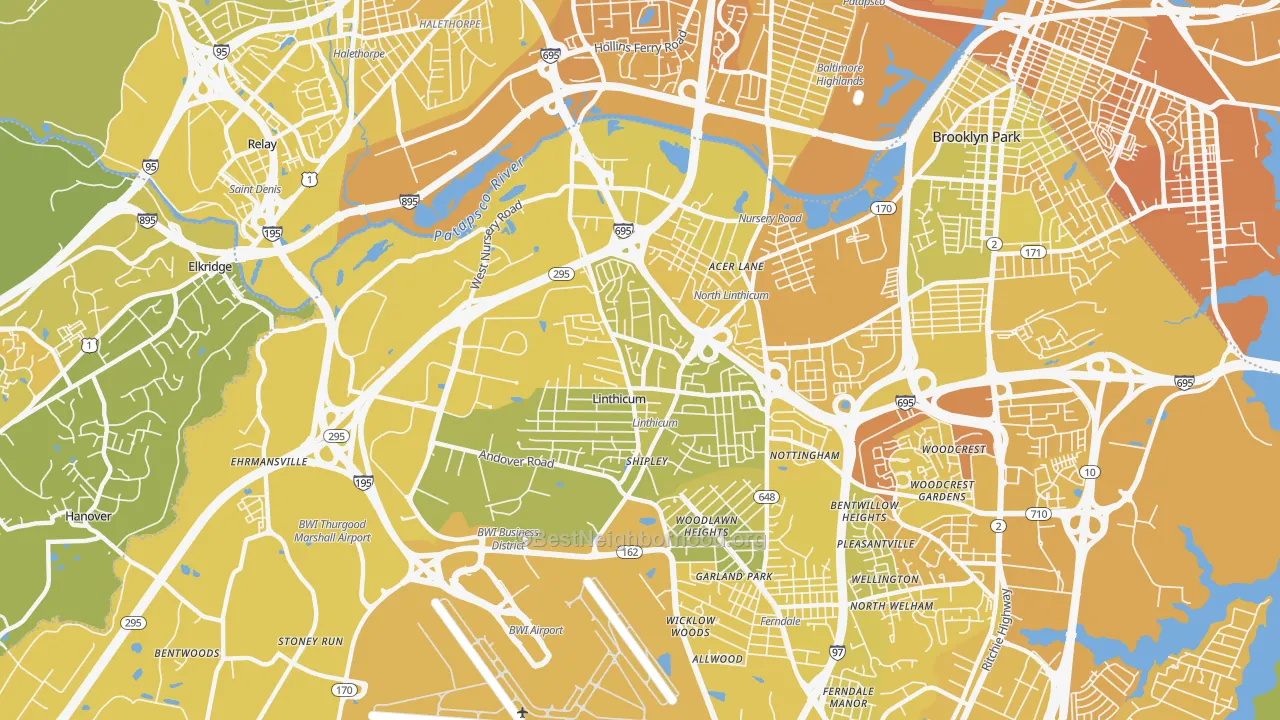 Map of the best neighborhoods in the 21090 area, with better matches in green and worse matches in red