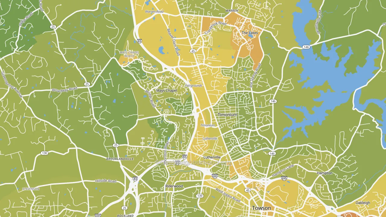Map of the best neighborhoods in the 21093 area, with better matches in green and worse matches in red
