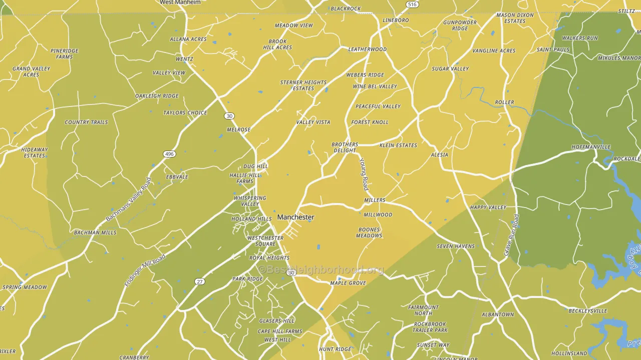 Map of the best neighborhoods in the 21102 area, with better matches in green and worse matches in red