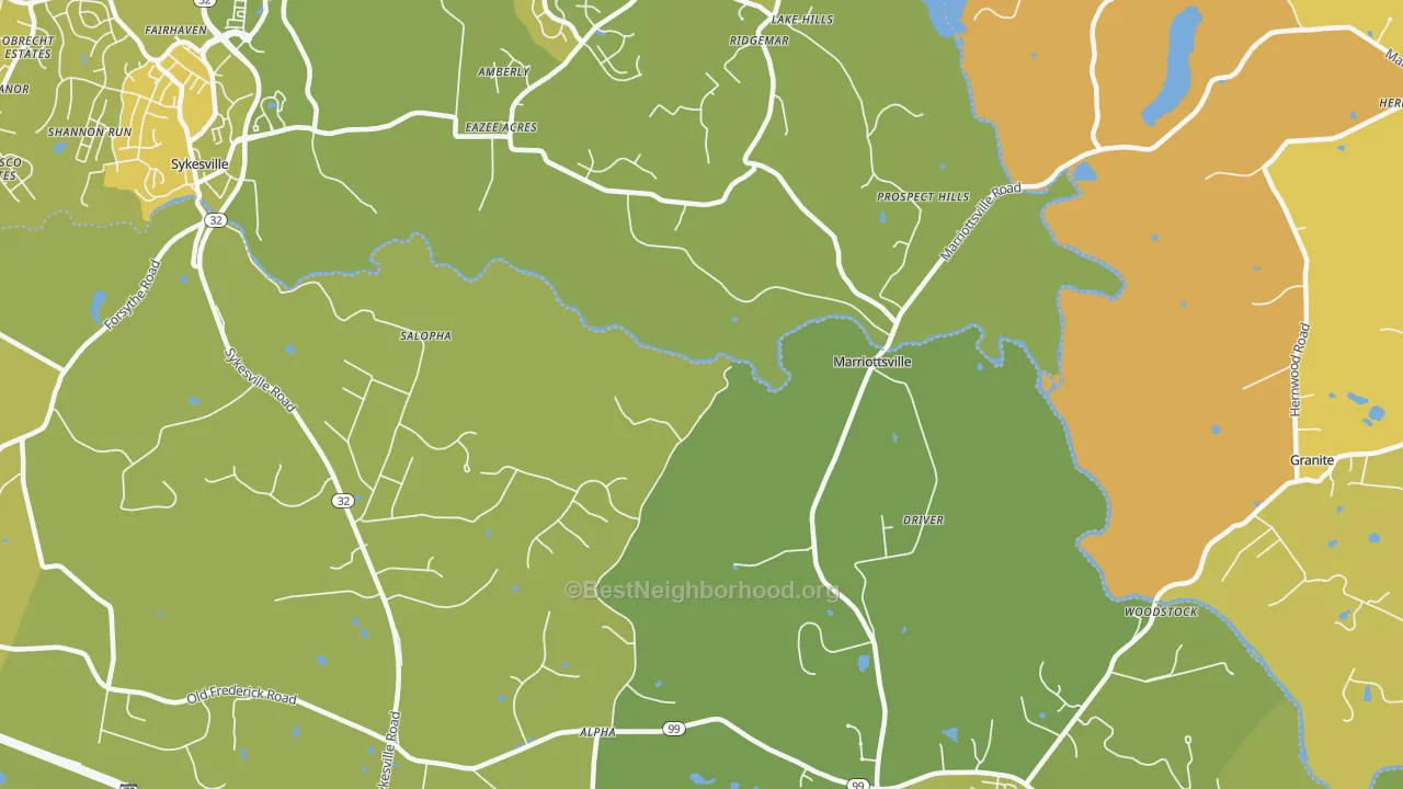 Map of the best neighborhoods in the 21104 area, with better matches in green and worse matches in red
