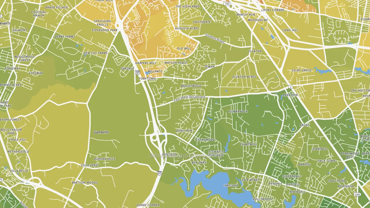 Map of the best neighborhoods in the 21108 area, with better matches in green and worse matches in red