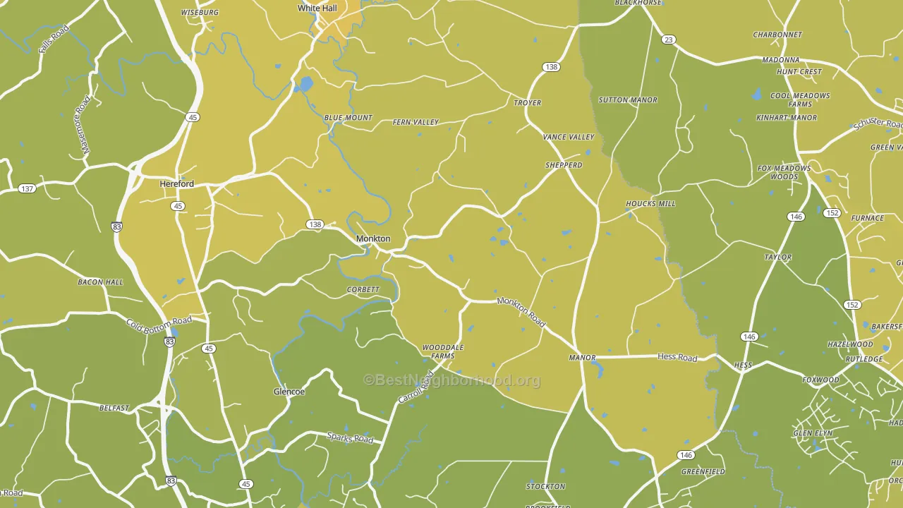 Map of the best neighborhoods in the 21111 area, with better matches in green and worse matches in red