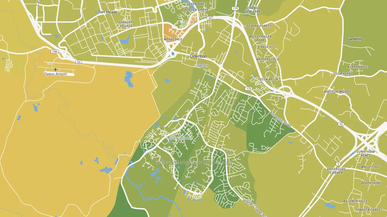 Map of the best neighborhoods in the 21113 area, with better matches in green and worse matches in red