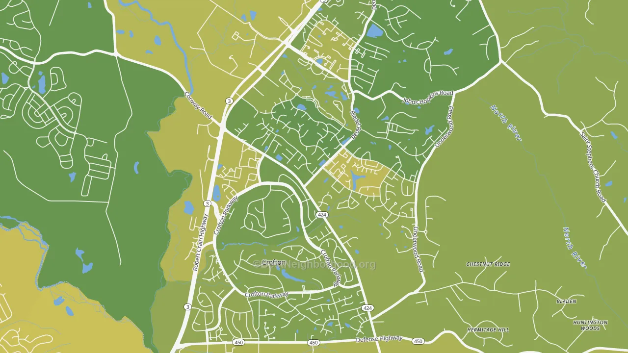 Map of the best neighborhoods in the 21114 area, with better matches in green and worse matches in red