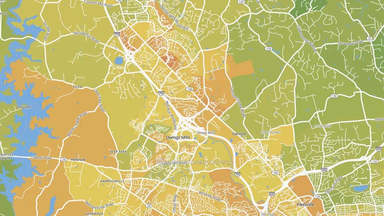 Map of the best neighborhoods in the 21117 area, with better matches in green and worse matches in red