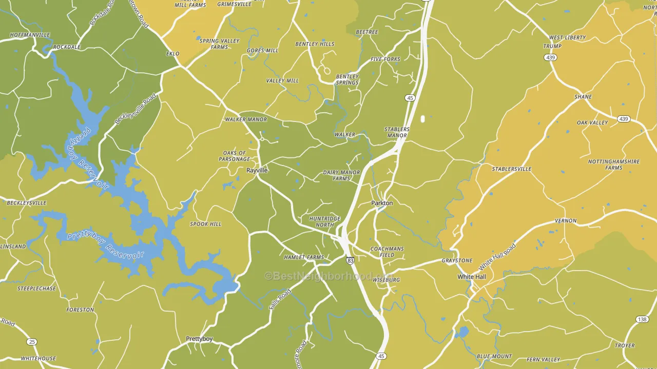 Map of the best neighborhoods in the 21120 area, with better matches in green and worse matches in red