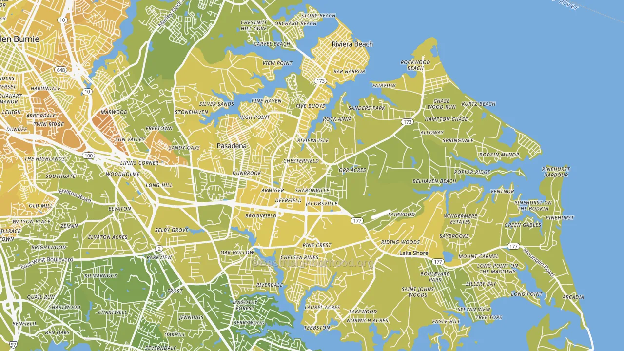 Map of the best neighborhoods in the 21122 area, with better matches in green and worse matches in red