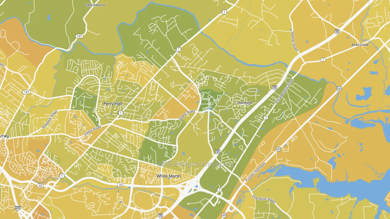 Map of the best neighborhoods in the 21128 area, with better matches in green and worse matches in red