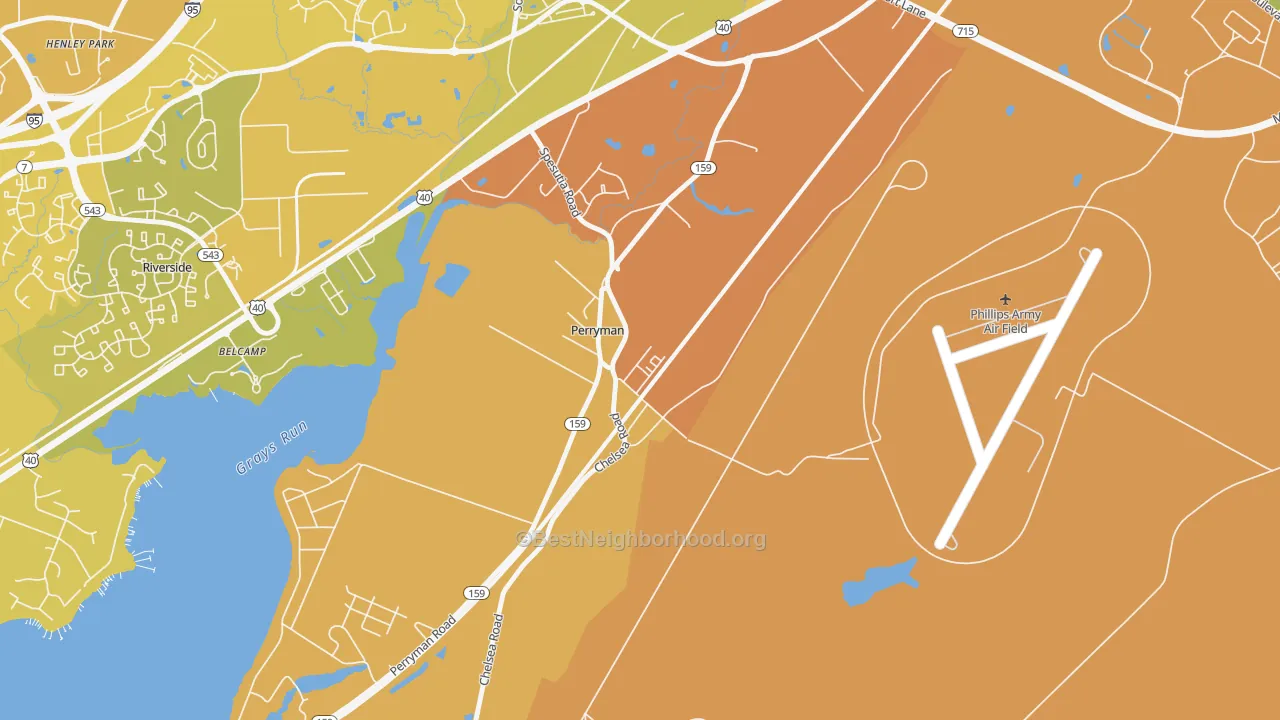Map of the best neighborhoods in the 21130 area, with better matches in green and worse matches in red
