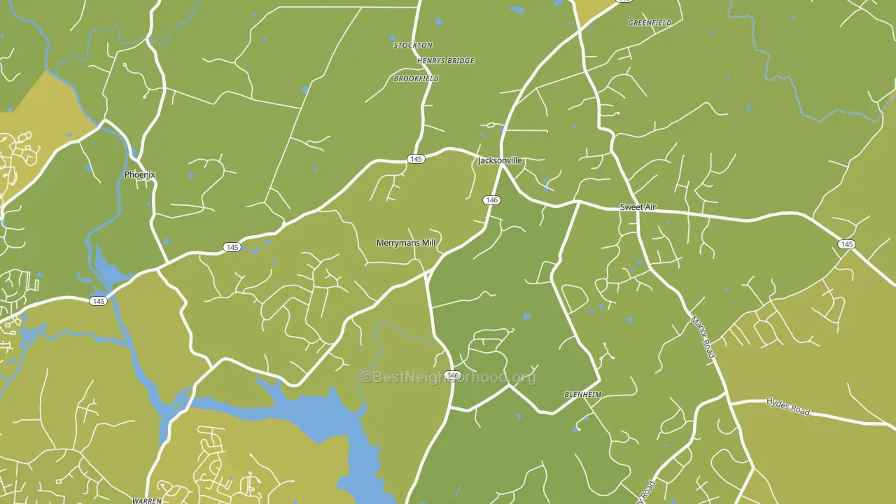 Map of the best neighborhoods in the 21131 area, with better matches in green and worse matches in red