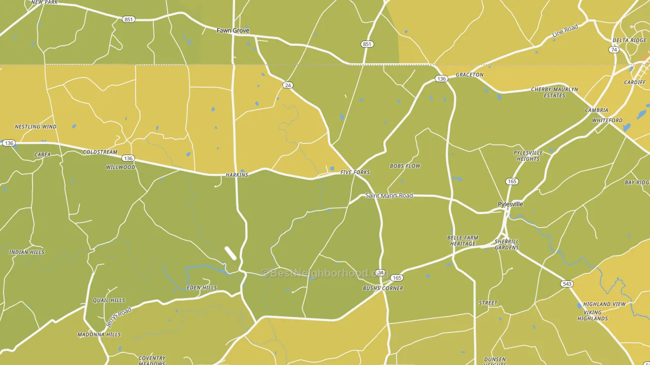 Map of the best neighborhoods in the 21132 area, with better matches in green and worse matches in red