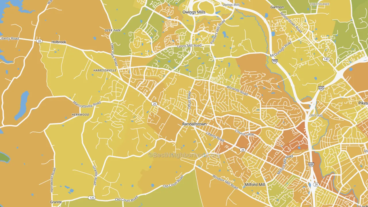 Map of the best neighborhoods in the 21133 area, with better matches in green and worse matches in red