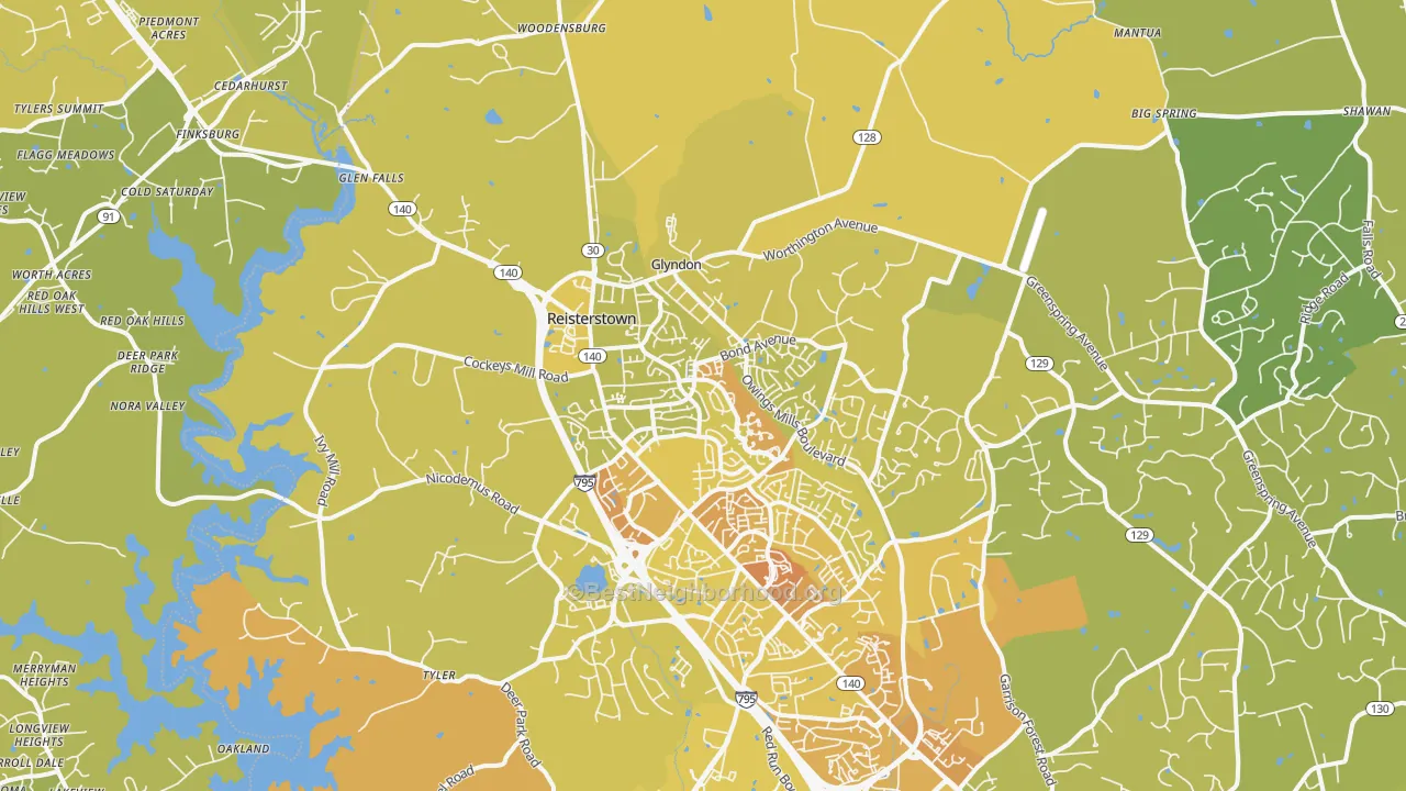 Map of the best neighborhoods in the 21136 area, with better matches in green and worse matches in red