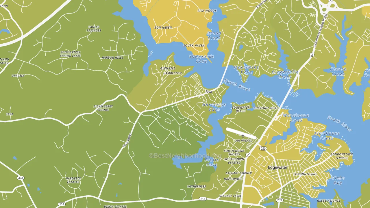 Map of the best neighborhoods in the 21140 area, with better matches in green and worse matches in red