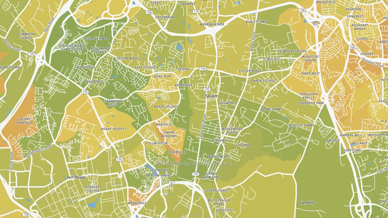 Map of the best neighborhoods in the 21144 area, with better matches in green and worse matches in red