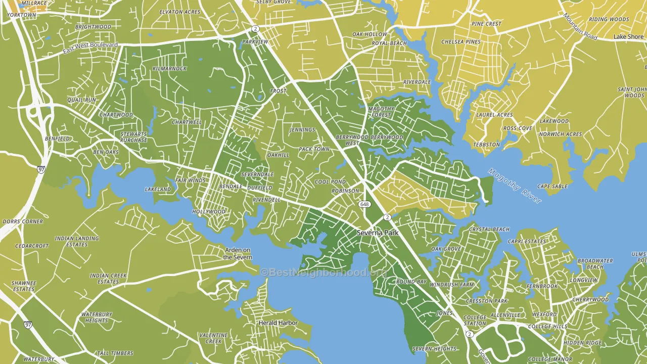 Map of the best neighborhoods in the 21146 area, with better matches in green and worse matches in red