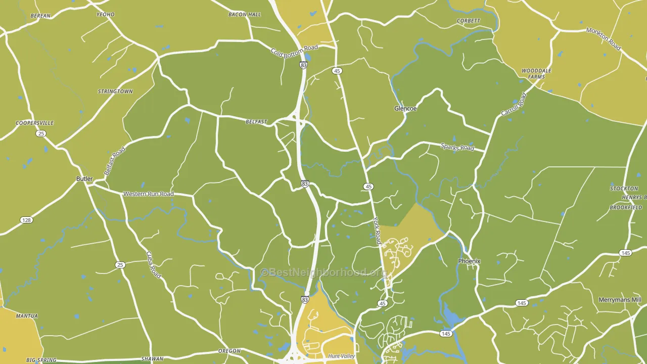 Map of the best neighborhoods in the 21152 area, with better matches in green and worse matches in red