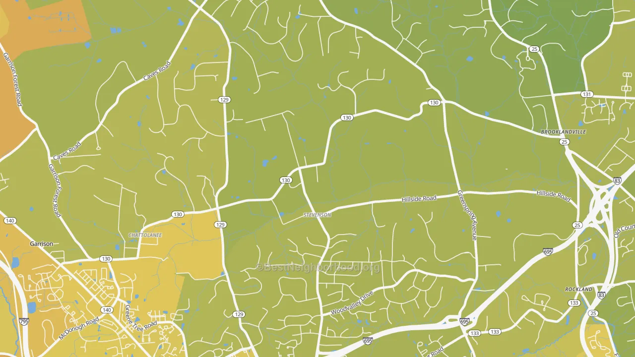Map of the best neighborhoods in the 21153 area, with better matches in green and worse matches in red
