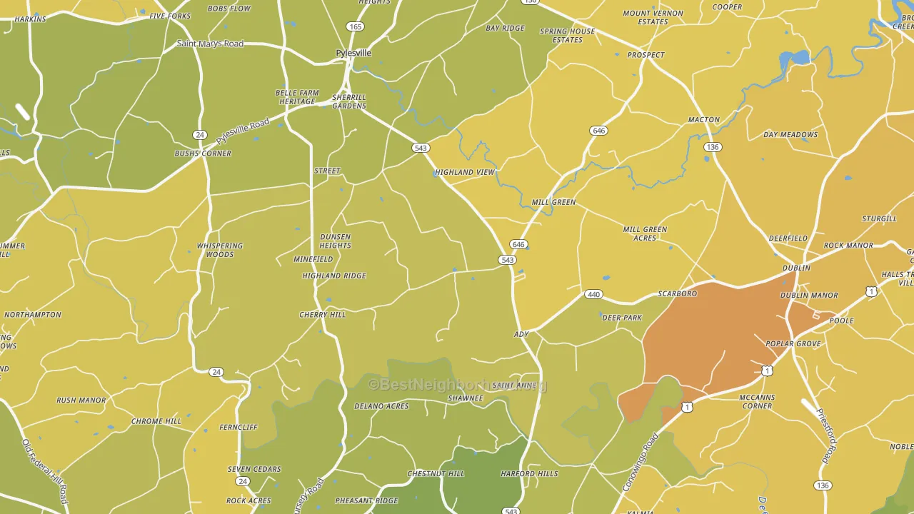 Map of the best neighborhoods in the 21154 area, with better matches in green and worse matches in red