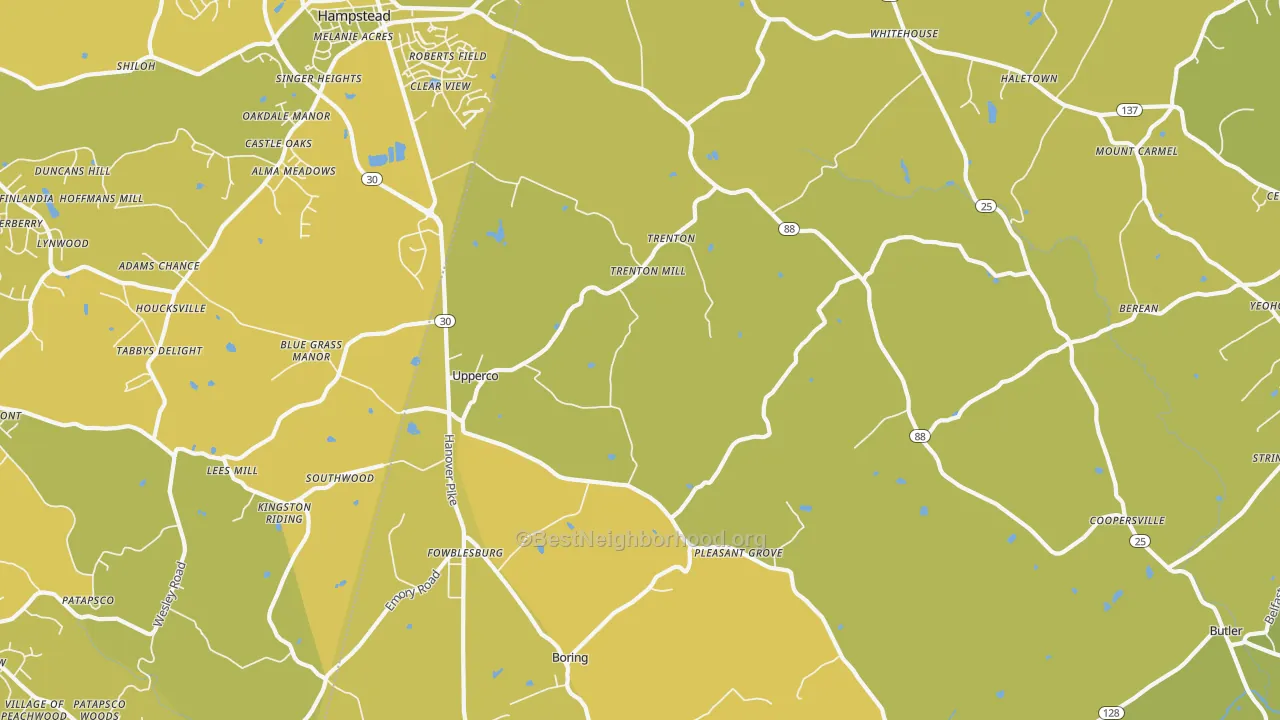 Map of the best neighborhoods in the 21155 area, with better matches in green and worse matches in red