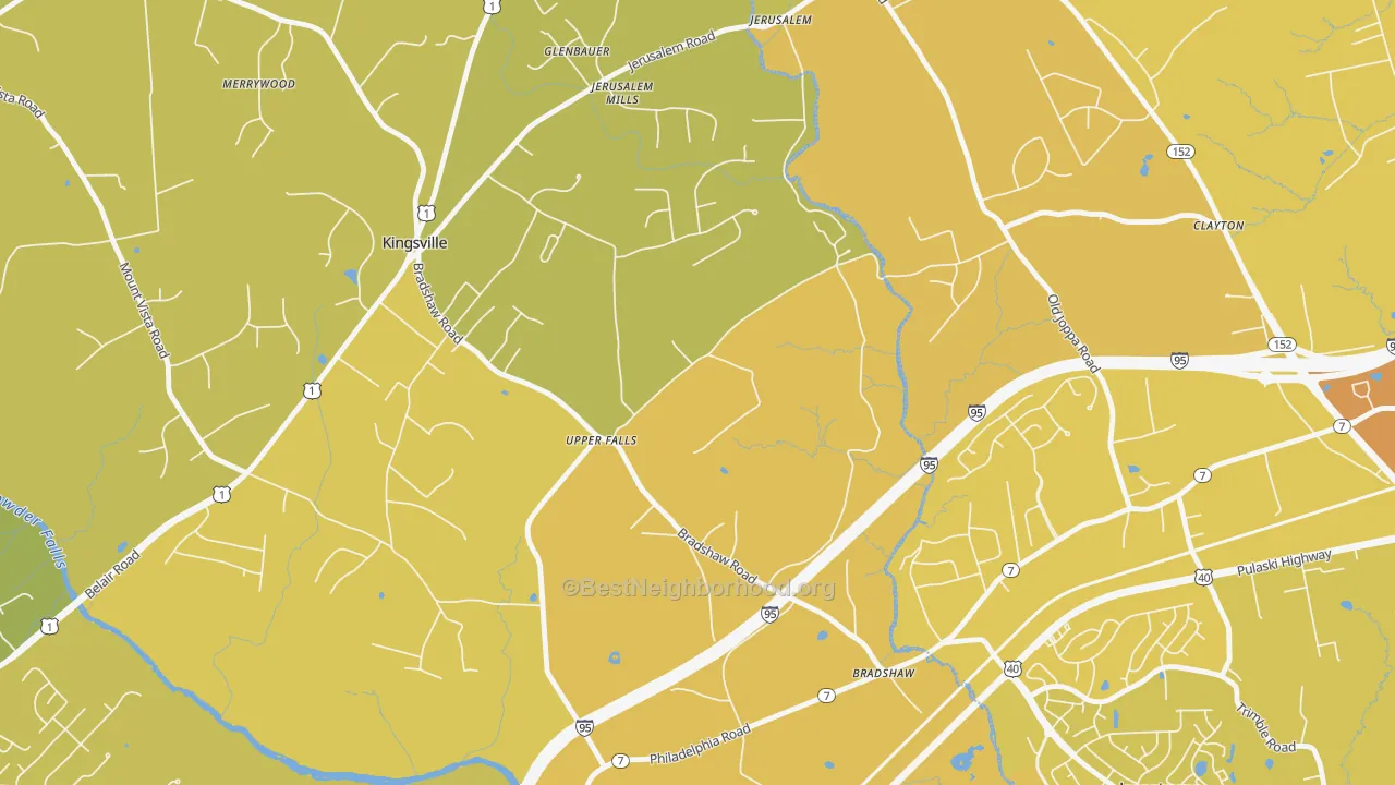 Map of the best neighborhoods in the 21156 area, with better matches in green and worse matches in red