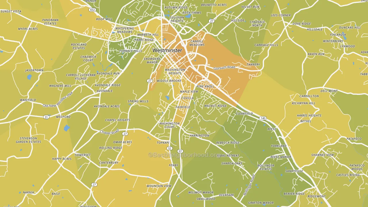 Map of the best neighborhoods in the 21157 area, with better matches in green and worse matches in red