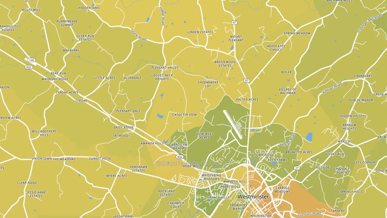 Map of the best neighborhoods in the 21158 area, with better matches in green and worse matches in red