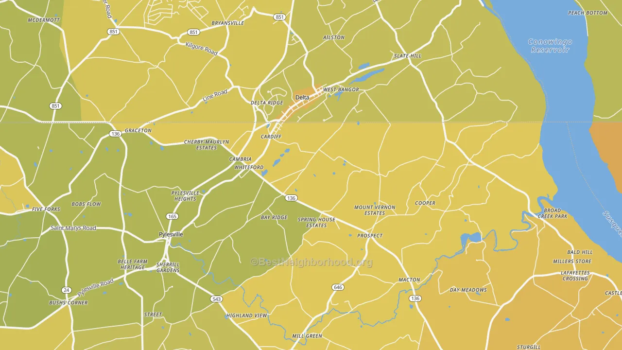 Map of the best neighborhoods in the 21160 area, with better matches in green and worse matches in red